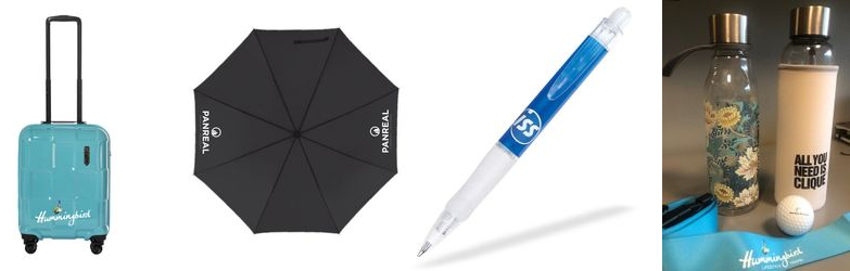 bild av en blå resväska, svart paraply, penna och vattenflaska med företagsnamn