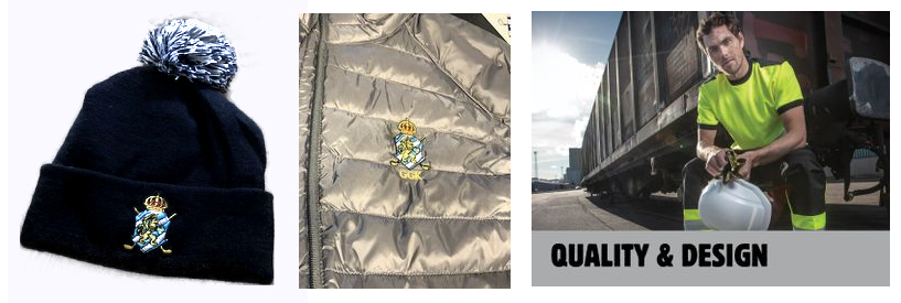 bild av en svart hatt, jacka och arbetskläder med brodyr